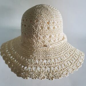 90s Prairie Crochet Straw Paper BOHO Chic Beach Sun Hat Floppy Cottage Wide Brim